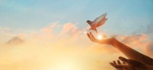 Femme qui prie et qui envoie un oiseau dans le ciel